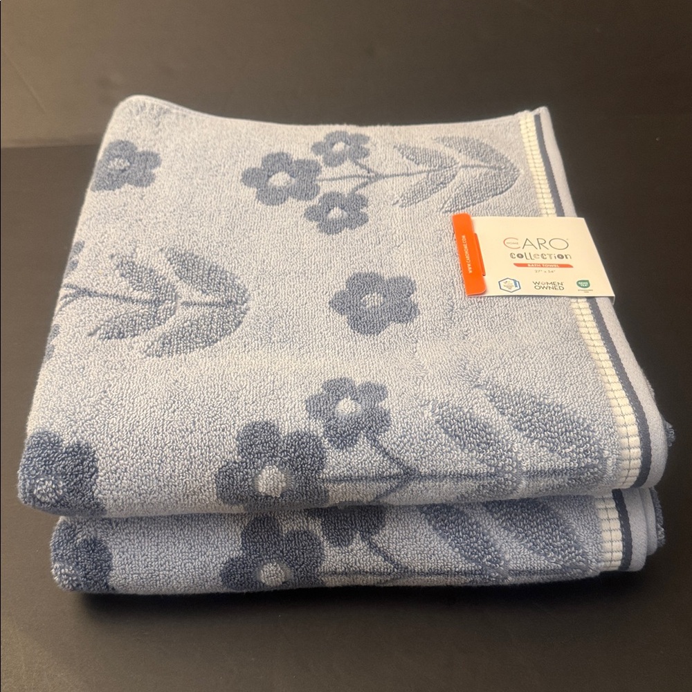 2pc CARO HOME Collection Blue Floral Cotton Zero Twist Yarns Bath Towel Set